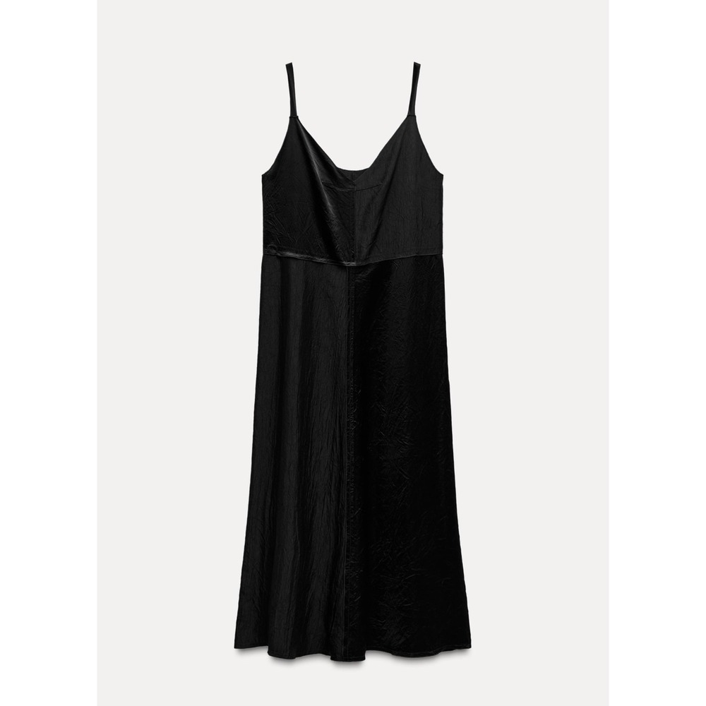 Zara‎ Black Midi Slip Dress V-Neck Spaghetti Strap 8740/162/800 XS
